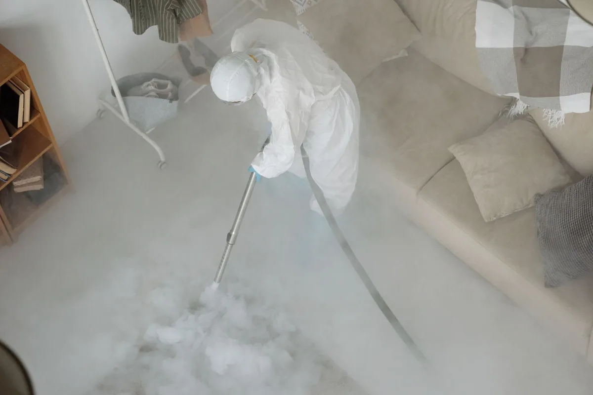 Biohazard cleanup technician in protective equipment, Piedmont, SC